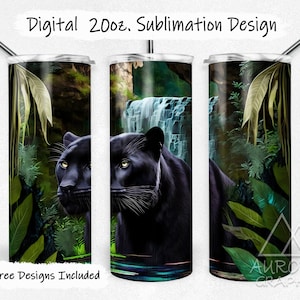 Black Panther - Digital 20oz Skinny Tumbler Wrap Jungle Scene Cat Tropical Tapered Straight Sublimation Design PNG Instant Download