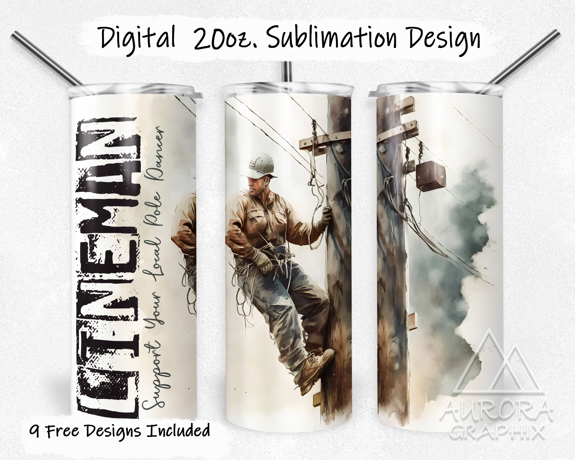 Lineman - Digital 20oz Skinny Tumbler Wrap Watercolor Occupation Dad Seamless Tapered Straight Sublimation Design PNG Instant Download