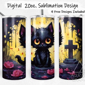 Può includere: Un design di sublimazione per un bicchiere da 20 oz. con un gatto nero con occhi gialli in piedi davanti a uno sfondo giallo e nero con una croce e vernice che cola. Il design include il testo "Aurora Graphics".