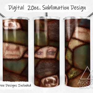 May include: A set of three 20 oz. stainless steel tumblers with a patchwork design featuring various shades of brown, green, and beige. The tumblers have a distressed, vintage look with stitched seams.