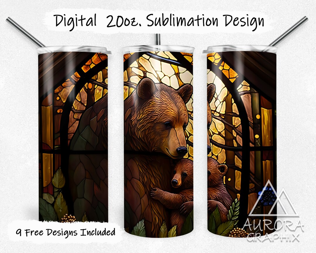 Grizzly Mama Bear Cub - Digital 20oz Skinny Tumbler Wrap Stained Glass ...