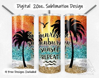 Sunrise Sunset - Digital 20oz Skinny Tumbler Beach Glitter Sunburn Seamless Tapered Straight Sublimation Design PNG Instant Download