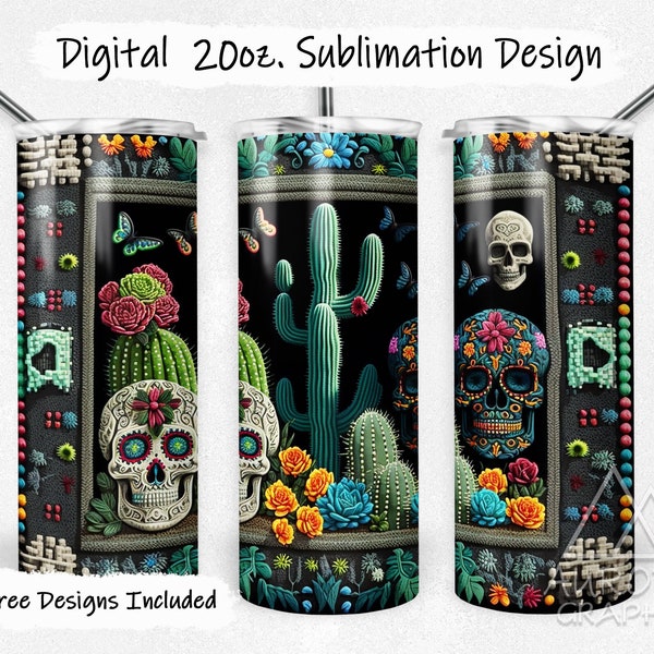 Sugar Skulls - Digital 20oz Skinny Embroidered Tumbler Wrap Floral Cactus Flowers Tapered Straight Design Design PNG Instant Download