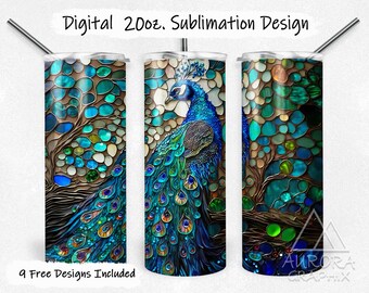 Stained Glass Peacock - Digital 20oz Skinny Tumbler Wrap Bird Feathers Flowers Seamless Tapered Straight Design Design PNG Instant Download