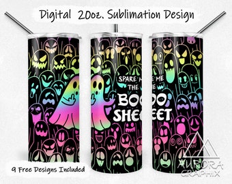 Boo Sheet - Digital 20oz Skinny Tumbler Wrap Ghost Middle Finger Halloween Seamless Tapered Straight Sublimation Design PNG Instant Download