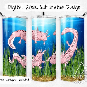 Op de afbeelding: Digitaal sublimatieontwerp voor een 20oz tumbler met een axolotl, een soort salamander, in een blauwe en groene onderwater scène. Het ontwerp bevat meerdere axolotls in verschillende poses.