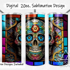 Sugar Skull - Digital 20oz Skinny Stained Glass Tumbler Wrap Floral Dia De Los Muertos Tapered Straight Design Design PNG Instant Download