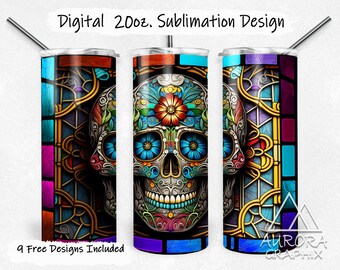 Sugar Skull - Digital 20oz Skinny Stained Glass Tumbler Wrap Floral Dia De Los Muertos Tapered Straight Design Design PNG Instant Download