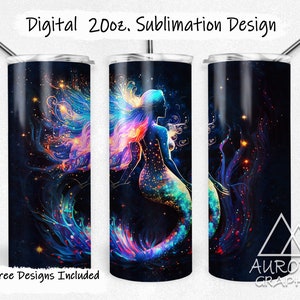 Mermaid - Digital 20oz Skinny Tumbler Wrap Siren Beauty Fantasy Rainbow Neon Glow Taper Straight Sublimation Design PNG Instant Download
