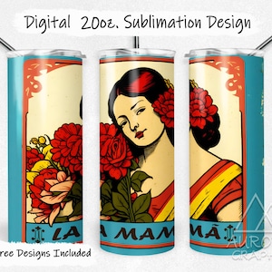 La Mama - Digitale 20 Unzen dünner Becher wickeln Blumen Blumen mexikanischen Lotterie Kartenstil konisch gerade Design PNG Sofort Download