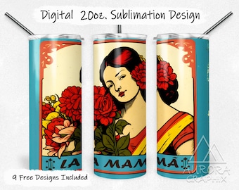 La Mama - Digital 20oz Skinny Tumbler Wrap Floral Flowers Mexican Lottery Card Style Tapered Straight Design PNG Instant Download