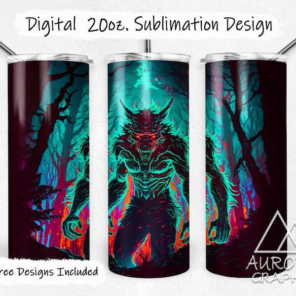 Werewolf Wolf Man - Digital 20oz Skinny Tumbler Wrap Horror Skinwalker Forest 80's Retro Style Tapered Straight Design PNG Instant Download