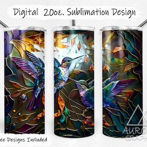Hummingbirds - Digital 20oz Skinny Stained Glass Tumbler Wrap Floral Flower Bird Seamless Tapered Straight Design PNG Instant Download