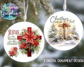 Christmas Cross - Digital Round Ornament Set Holiday Religious Jesus Watercolor Cross Christ Sublimation Design PNG Instant DIGITAL DOWNLOAD