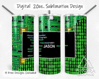Coding - Digital 20oz Skinny Tumbler Wrap Computer Gamer CPU Board Seamless Tapered Straight Sublimation Design PNG Instant Download