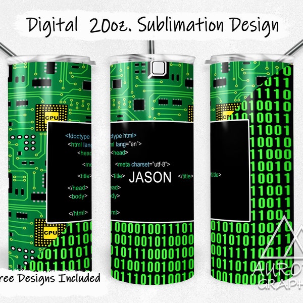 Coding - Digital 20oz Skinny Tumbler Wrap Computer Gamer CPU Board Seamless Tapered Straight Sublimation Design PNG Instant Download