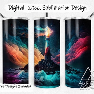 May include: A set of three 20 oz. stainless steel tumblers with a sublimation design featuring a lighthouse on a rocky shore with colorful waves and a starry sky. The design includes the text "Aurora Graphix".