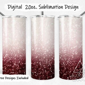 May include: Three 20oz sublimation tumblers with a pink and red glitter ombre design. Digital 20oz. Sublimation Design. 9 Free Designs Included.