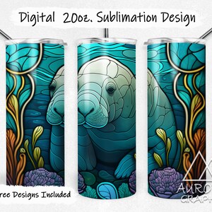 May include: A 20oz. stainless steel tumbler featuring a colourful, stained glass design of a manatee swimming in the ocean. The design incorporates shades of blue, green, orange, and purple. The tumbler is ideal for sublimation.