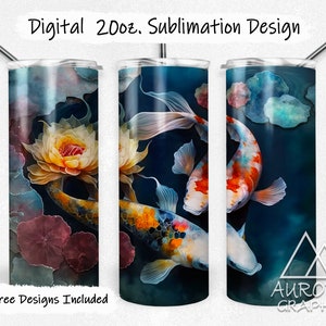 Japanese Koi Fish - Digital 20oz Skinny Tumbler Wrap Floral Watercolor Alcohol Ink Tapered Straight Sublimation Design PNG Instant Download