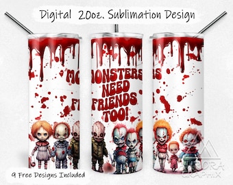 Monster Friends - Digital 20oz Skinny Tumbler Wrap Evil Horror Movie Halloween Killers Funny Taper Straight Design PNG Instant Download