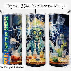 Mad Scientist - Digital 20oz Skinny Tumbler Wrap Funny Halloween Science Lab Seamless Tapered Straight Design PNG Instant Download