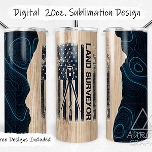 Land Surveyor - Digital 20oz Skinny Tumbler Wrap Ingeniero civil Mapa de madera Diseño de sublimación recta cónica sin costuras PNG Descarga instantánea