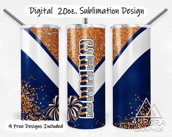 Cheer Blue Orange - Digital 20oz Skinny Tumbler Wrap Pompom Glitter Cheerleader Tapered Straight Sublimation Design PNG Instant Download