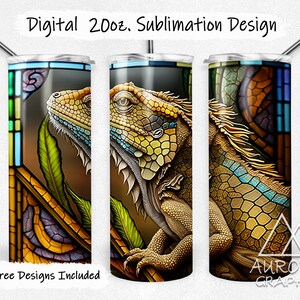 May include: A sublimation design for a 20oz tumbler featuring a colorful stained glass style image of a lizard. The design includes a variety of colors, including green, yellow, blue, and brown. The text "9 Free Designs Included" is at the bottom of the image.