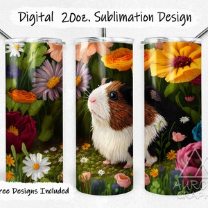 May include: A sublimation design for a 20oz tumbler featuring a guinea pig in a field of colourful flowers. The design includes a variety of flowers in shades of pink, red, yellow, and purple. The guinea pig is brown and white with black eyes. The text "Digital 20oz. Sublimation Design" is at the top of the image. The text "9 Free Designs Included" is at the bottom of the image.