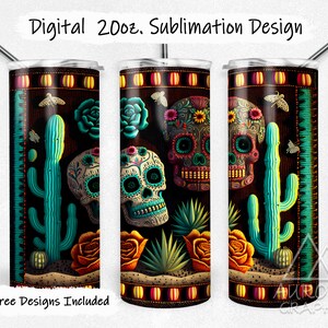 Calaveras de Azúcar - Digital 20oz Flaco Bordado Vaso Envoltura Floral Dia De Los Muertos Diseño Recto Cónico Diseño PNG Descarga Instantánea
