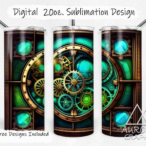 May include: A sublimation design for a 20 oz. tumbler featuring a steampunk-inspired pattern with gold gears, turquoise and green accents, and a dark brown background. The text "9 Free Designs Included" is at the bottom of the image.