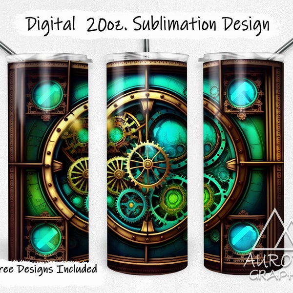 Steampunk Gears - Digital 20oz Skinny Stained Glass Tumbler Wrap Metal Clocks Seamless Tapered Straight Design Design PNG Instant Download