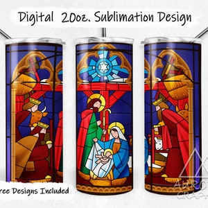 Stained Glass Nativity - Digital 20oz Skinny Tumbler Wrap Christmas Scene Seamless Tapered Straight Sublimation Design PNG Instant Download
