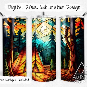 Camping - Digitale 20 Unzen dünne Glasmalerei Becher wickeln Reise Berg Wald Wald konisch gerade Design PNG sofortiger DIGITALER Download