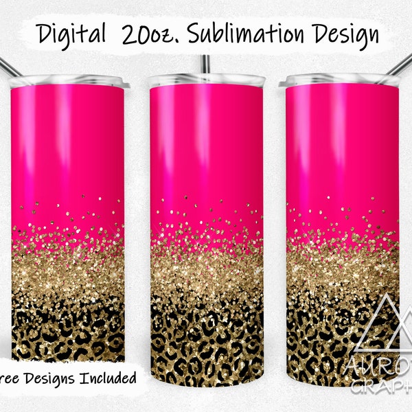 Hot Pink Gold Leopard Print - Digital 20oz Skinny Tumbler Digital Wrap Glitter Seamless Tapered Straight Design PNG Instant Download