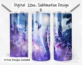 Howling Wolves - Digital 20oz Skinny Tumbler Wrap Galaxy Northern Lights Seamless Tapered Straight Sublimation Design PNG Instant Download