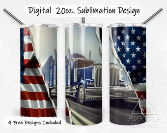Truck Driver - Digital 20oz Skinny Tumbler Wrap Trucker American Flag Seamless Tapered Straight Sublimation Design PNG Instant Download