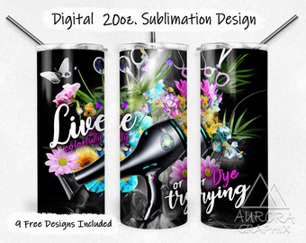 Hair Stylist - Digital 20oz Skinny Tumbler Wrap Neon Rainbow Floral Flower Seamless Tapered Straight Sublimation Design PNG Instant Download