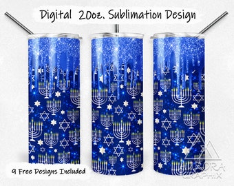 Hannukah - Digital 20oz Skinny Tumbler Wrap Star Of David Blue Silver Glitter Seamless Tapered Straight Design Design PNG Instant Download