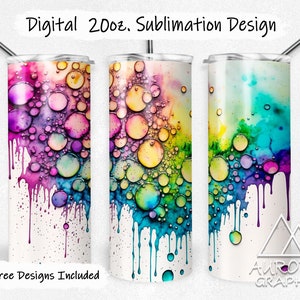 Pastel Rainbow Watercolor - Digital 20oz Skinny Tumbler Wrap Alcohol Ink Painting Tapered Straight Sublimation Design PNG Instant Download