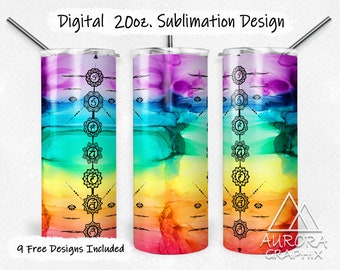 Chakras - Digital 20oz Skinny Tumbler Wrap Rainbow Meditation Seamless Tapered Straight Sublimation Design PNG Instant Download