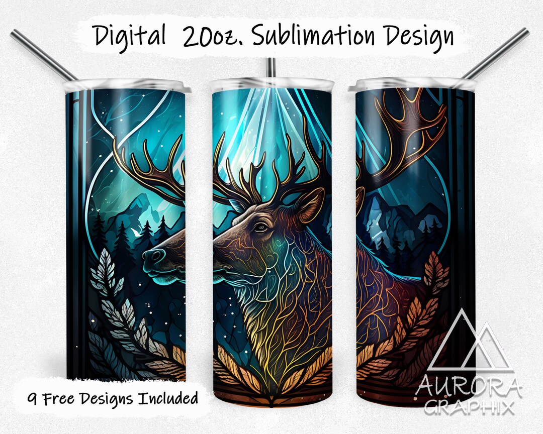 Forest Elk - Digital 20oz Skinny Tumbler Wrap Buck Deer Northern Lights ...