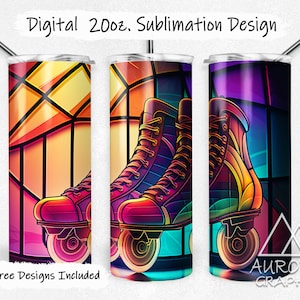 Roller Skates - Digital 20oz Skinny Stained Glass Tumbler Wrap Neon Retro 80's Style Tapered Straight Design Design PNG Instant Download