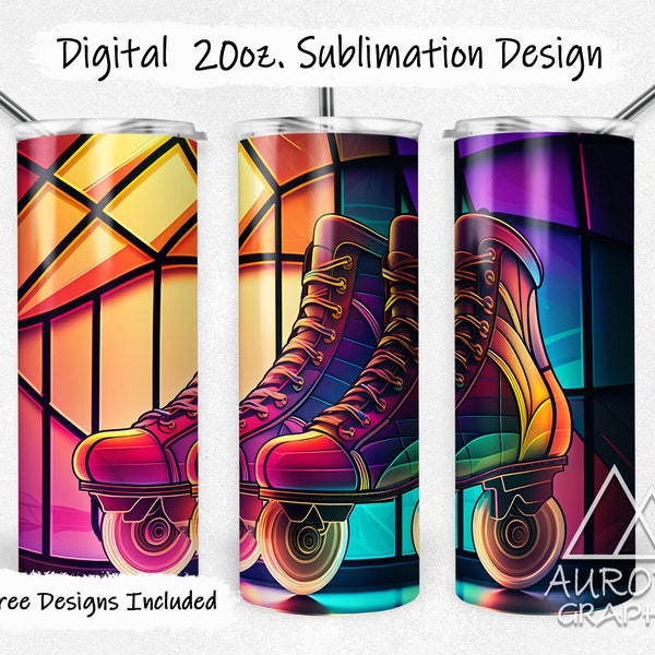 Roller Skates - Digital 20oz Skinny Stained Glass Tumbler Wrap Neon Retro 80's Style Tapered Straight Design Design PNG Instant Download