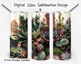Succulents - Digital 20oz Skinny Tumbler Wrap - Dessert Flowers Floral Plant Lady Tapered Straight Sublimation Design PNG Instant Download