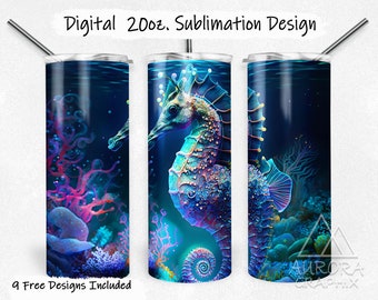 Seahorse - Digital 20oz Skinny Tumbler Wrap Colorful Ocean Sea Floral Seamless Tapered Straight Sublimation Design PNG Instant Download