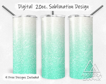 Mint Green Ombre - Digital 20oz Skinny Tumbler Wrap Glitter Fade Seamless Tapered Straight Sublimation Design PNG Instant Download