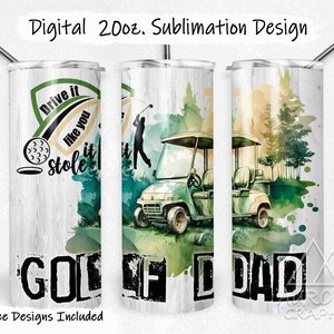 Golf Dad - Digital 20oz Skinny Tumbler Wrap Sports Caddy Cart Watercolor Seamless Tapered Straight Sublimation Design PNG Instant Download