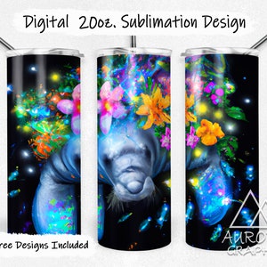 May include: A sublimation design for a 20 oz. tumbler featuring a colourful, abstract floral design with a manatee in the centre. The design is on a black background with bright colours, including pink, blue, green, and yellow.